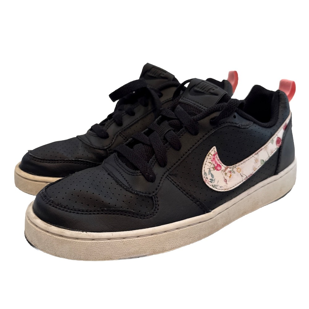 Nike Court Borough Black White Floral Leather Sneakers 7Y Youth Lace Up Tie Shoe